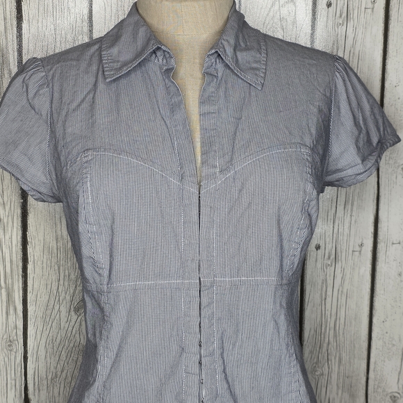 Vintage Guess Pinstripe Hook & Eye Back Cutout Corset Top L - Picture 2 of 8